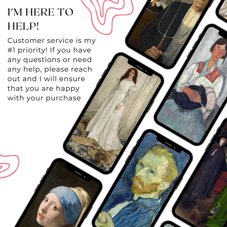 May include: A collage of different phone screens displaying various famous paintings, including a portrait of a woman in a white dress, a portrait of a man with a beard, and a painting of a woman holding a black cat.