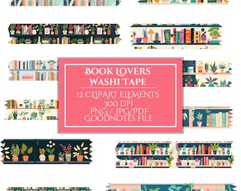 Digital Washi Tape, Book Lovers Tape Clipart, Goodnotes Sticky Tapes, Tape PNG Instant Download, Bookish Printable Washi Strips, Bibilophile