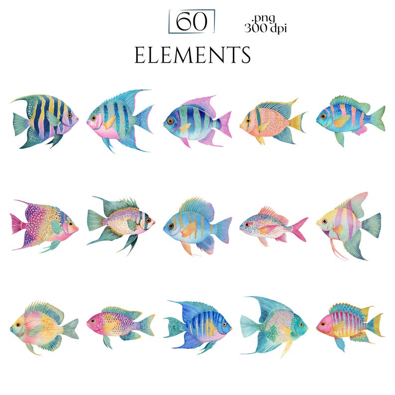 Pastel Fish Clipart, Delicate Coastal PNG Graphics, Tropical Fish Illustrations (60 Files, Transparent Background)