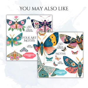 May include: Digital clipart featuring colorful folk art moths with floral and geometric patterns. The image includes the text "FOLK ART MOTHS" and "MOTHS", along with "Commercial Use" labels and details about the image resolution and number of elements.
