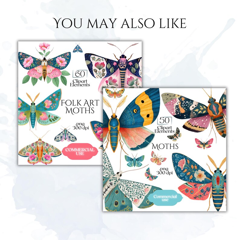 May include: Digital clipart featuring colorful folk art moths with floral and geometric patterns. The image includes the text "FOLK ART MOTHS" and "MOTHS", along with "Commercial Use" labels and details about the image resolution and number of elements.