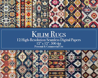 Kilim Rug Digital Papers, Seamless Oriental Carpet Scrapbook Paper, Commercial Use, Junk Journal Backgrounds, Printable, Card Crafting DIY
