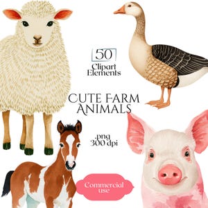 May include: Watercolor illustrations of farm animals, including a sheep, goose, foal, and pig. The text "Cute Farm Animals" is displayed, along with "50 Clipart Elements", ".png 300 dpi", and "Commercial use".