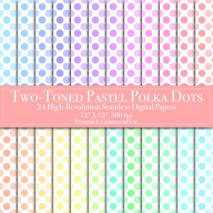 Könnte beinhalten: Ein Set mit 24 digitalen Papieren mit zweifarbigen Pastell-Polka-Dots. Jedes Papier ist 30,5 cm x 30,5 cm groß und hat eine Auflösung von 300 dpi. Die Papiere eignen sich perfekt für Scrapbooking, Kartenherstellung und andere Bastelprojekte.