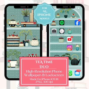 May include: A digital illustration of a phone wallpaper and lockscreen design. The design features a teal background with shelves filled with teapots, cakes, plants, and books. The phone screen displays various app icons, including Spotify, Facebook, Camera, Clock, YouTube, Instagram, and Messages.
