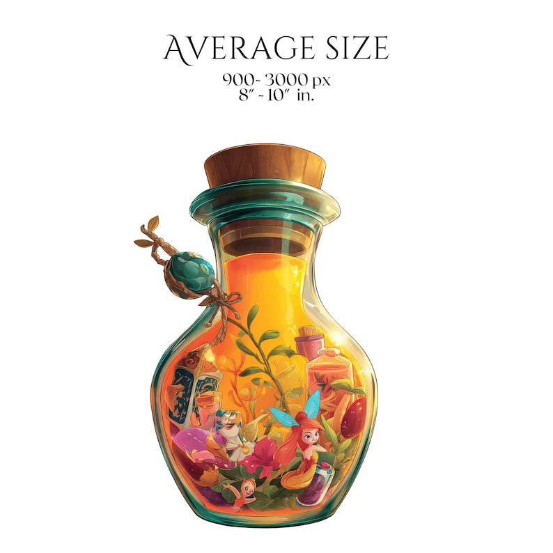 Single fantasy potion bottle with orange liquid, flowers, and fairies, showcasing clipart size reference