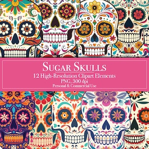 Sugar Skulls Clipart, Dia de los Muertos Clip Art, Tag der Toten Aufkleber, Partydekoration, Basteln, Einladungen, Planer, Junk Journal