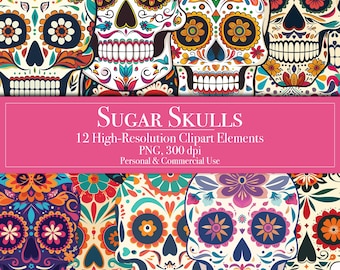 Sugar Skulls Clipart, Dia de los Muertos Clip Art, Day of the Dead Stickers, Party Decorations, Crafting, Invitations, Planner, Junk Journal