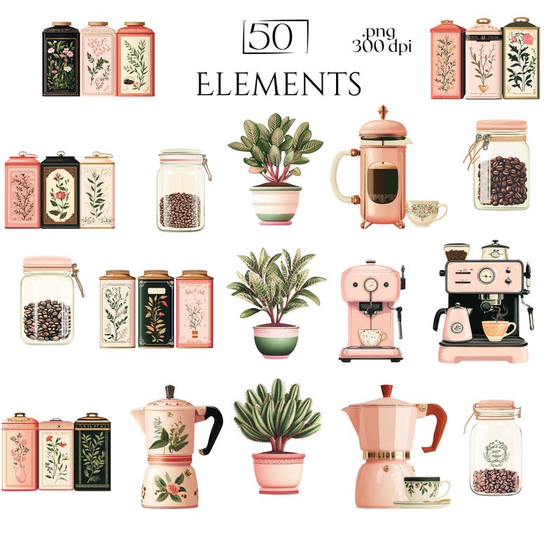 Coffee Time Clipart, Boho Cafe PNG, Pink Coffee Lover Clip Art, Latte ...