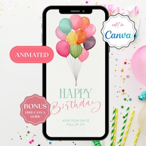 Op de afbeelding: Een smartphone toont een verjaardagskaartontwerp met aquarelballonnen in verschillende kleuren. De tekst luidt "Happy Birthday" en "Hope your day is full of joy." Extra tekst bevat "Animated," "Bonus Free Canva Guide," en "edit in Canva."