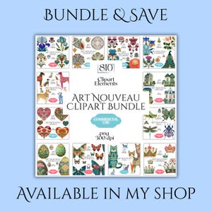 Puede incluir: Un paquete de im&aacute;genes predise&ntilde;adas digitales de Art Nouveau con varios dise&ntilde;os florales, animales y arquitect&oacute;nicos. La imagen incluye el texto "BUNDLE & SAVE", "ART NOUVEAU CLIPART BUNDLE" y "AVAILABLE IN MY SHOP". El clipart es para uso comercial.