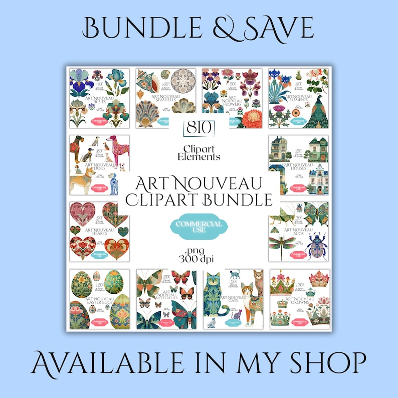 Puede incluir: Un paquete de im&aacute;genes predise&ntilde;adas digitales de Art Nouveau con varios dise&ntilde;os florales, animales y arquitect&oacute;nicos. La imagen incluye el texto "BUNDLE & SAVE", "ART NOUVEAU CLIPART BUNDLE" y "AVAILABLE IN MY SHOP". El clipart es para uso comercial.
