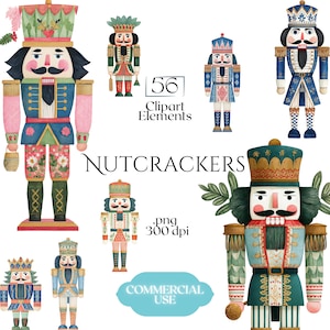 May include: Watercolor illustrations of various nutcrackers in different colors and designs. The nutcrackers have detailed uniforms, hats, and facial features. The image includes the text "Nutcrackers", "56 Clipart Elements", and "Commercial Use".