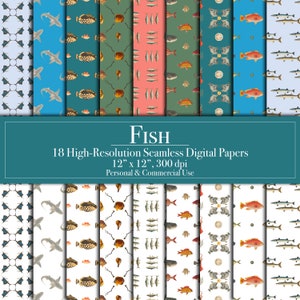 Carta digitale a forma di pesce, motivo senza soluzione di continuità con l'oceano, carta per album di ritagli di pesca, uso commerciale, download immediato, diario spazzatura, stampabile, invito