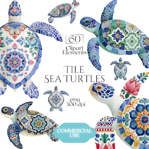Puede incluir: Una colección de ilustraciones de tortugas marinas con intrincados patrones inspirados en azulejos en azul, verde, rojo y amarillo en sus caparazones y aletas. El texto dice 60 Clipart Elements, TILE SEA TURTLES, .png 300 dpi y COMMERCIAL USE.