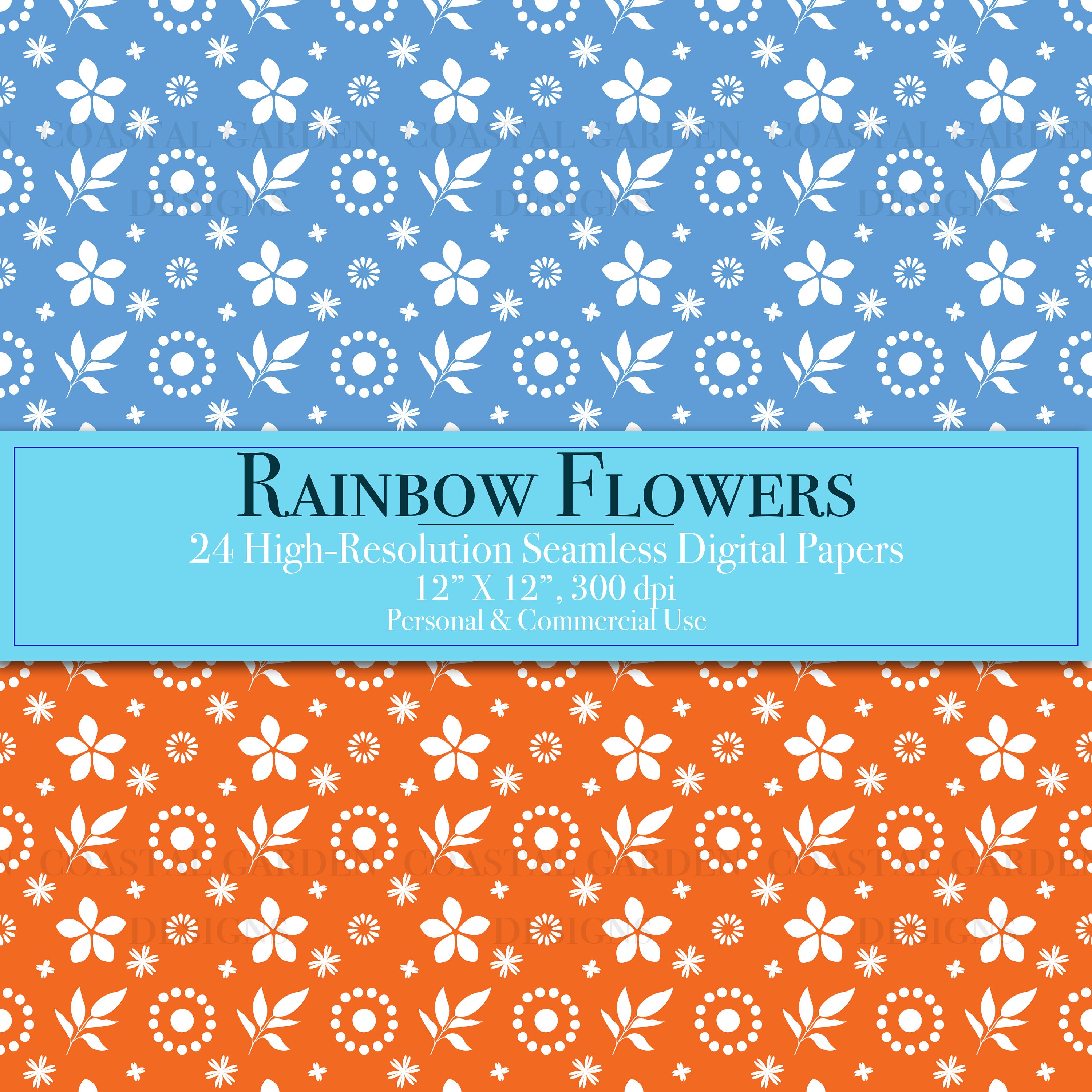 Rainbow Flowers Digital Paper Bundle, Seamless Pattern, Scrapbook Paper ...