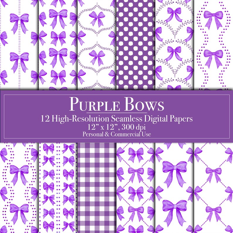 Puce Ribbon Watercolor Purple Ribbons Digital Papers & Clipart Bundle, Puce Bows ...
