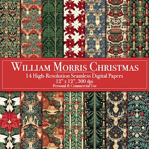 Papel digital navideño inspirado en William Morris, patrones digitales sin costuras de invierno, uso comercial, fondo de etiquetas, creación de tarjetas imprimibles