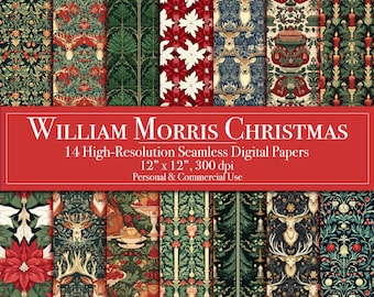 Carta digitale natalizia ispirata a William Morris, modelli digitali invernali senza soluzione di continuità, uso commerciale, sfondo etichette, creazione di biglietti stampabili