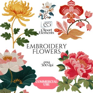 May include: A collection of 65 embroidered flower clipart elements in various colors, including yellow, red, pink, and white. The image includes text that reads "Embroidery Flowers" and "Commercial Use."