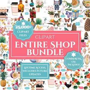 Puede incluir: Un paquete de im&aacute;genes predise&ntilde;adas digitales con varias ilustraciones, incluyendo flores, animales, comida y mariposas. El texto de la imagen dice "25.000+ Archivos Clipart" y "Paquete de Tienda Completa". Incluye uso comercial.