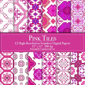 Zestaw papierów cyfrowych Pink Antique Tiles, bezszwowe wzory koordynujące, papier do scrapbookingu, dziennik śmieci, planer, komercyjne zastosowanie, natychmiastowe pobranie