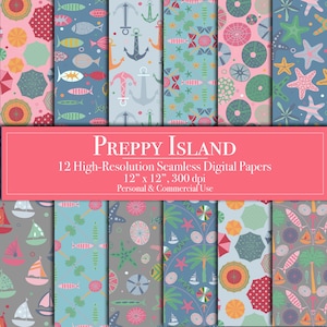 Preppy Island Digital Paper, Gone Fishing Seamless Digital Scrapbook Paper, Summer, Beach, Commercial Use, Junk Journal Background Nautical