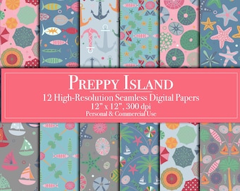 Preppy Island Digital Paper, Gone Fishing Seamless Digital Scrapbook Paper, Summer, Beach, Commercial Use, Junk Journal Background Nautical
