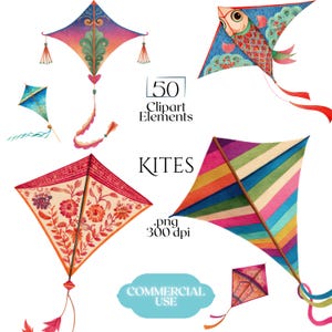 Puede incluir: Ilustraciones de acuarela de varias cometas en diferentes formas y colores. Las cometas presentan diseños intrincados, incluyendo patrones florales, rayas y un motivo de pez. El texto en la imagen dice "50 Clipart Elements" y "KITES".