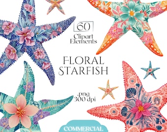 Könnte beinhalten: Eine Sammlung von Aquarell-Illustrationen von Seesternen mit floralen Mustern in verschiedenen Farben, darunter Blau, Rosa, Orange und Türkis. Der Text "Floral Starfish" und "Commercial Use" ist enthalten.