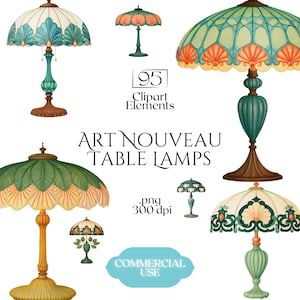 Könnte beinhalten: Eine Sammlung digitaler Illustrationen mit verschiedenen Tischlampen mit verzierten, gewellten Lampenschirmen in Blaugrün, Creme und Orange, begleitet von dem Text 95 Clipart Elements, ART NOUVEAU TABLE LAMPS, .png 300 dpi und COMMERCIAL USE.