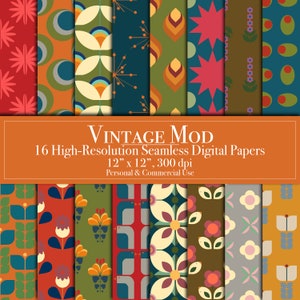 Carte digitali retrò vintage, carta per scrapbooking con motivi senza soluzione di continuità, uso commerciale, download immediato, diario spazzatura, stampabile, stile moderno di metà secolo