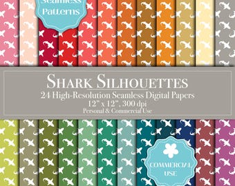 Sharks Digital Papers, Sharky Seamless Pattern Scrapbook Paper, Shark Outlines Planner Paper, Shark Junk Journal, Minimal Ocean Backgrounds