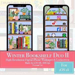 Winter Book Lovers II Wallpaper for iPhone iOS 18 - Large Icons Friendly I Lock Screen and Wallpaper Matching Duo I Winter Book Lover&#39;s Gift