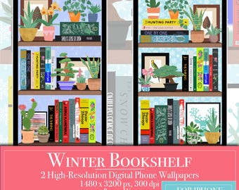Winter Bookshelf iPhone Android Wallpapers, Winter Books Digital Download, Unique Homescreen + Lock Screen Backgrounds Book Lover's Gift