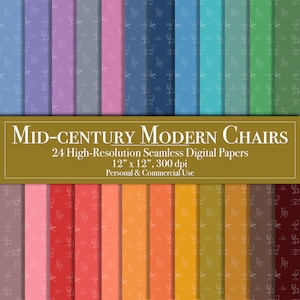 May include: A set of 24 digital papers featuring a repeating pattern of mid-century modern chairs in various colors. The papers are 12 inches by 12 inches and 300 dpi.