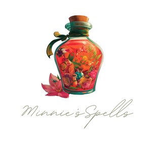Red potion bottle with whimsical fairy-themed contents, flowers, and label reading "Minnie’s Spells."