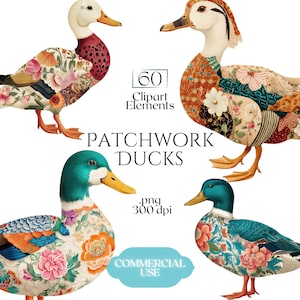 Patchwork-ankor Clipart PNG, quiltade gräsandbilder, pastisch-ankillustration (60 filer, transparent bakgrund)