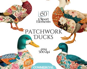 パッチワーク風アヒルのクリップアートPNG、キルティング風マガモの画像、パスティッシュ風アヒルのイラスト（60ファイル、透明背景）