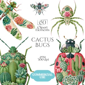 Può includere: Una collezione digitale di 60 elementi clipart raffiguranti insetti come libellule, ragni e coleotteri decorati con motivi di cactus e piante grasse. Il testo recita 60 Clipart Elements, CACTUS BUGS, .png 300 dpi e COMMERCIAL USE.