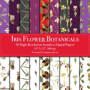 Papier numérique fleurs iris, papier de scrapbooking motif transparent tout usage commercial, téléchargement immédiat, arrière-plan imprimable du journal indésirable, Floral