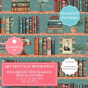 May include: A seamless digital pattern featuring an Art Nouveau bookshelf with rows of ornate, colorful books, decorative lamps, and potted plants. The design includes text overlays stating Seamless Pattern, Commercial Use, and Art Nouveau Bookshelf.
