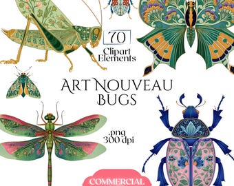 アールヌーボーの虫のクリップアート、観賞用昆虫のPNG、ビンテージ植物の甲虫、バッタ、蝶、トンボ