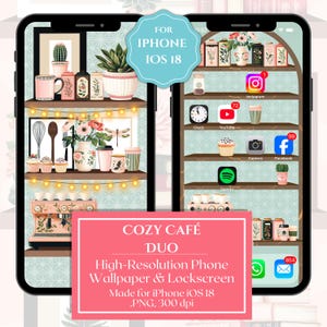 May include: A phone screen displays a cozy cafe-themed wallpaper and lockscreen. The design features shelves with plants, coffee cups, and decorative items. The text "COZY CAFÉ DUO" and "FOR IPHONE IOS 18" are visible.