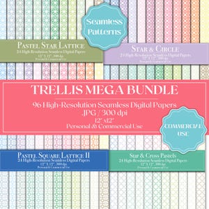 May include: A collection of digital papers with various pastel patterns, including star, circle, and lattice designs. The image features text that reads "TRELLIS MEGA BUNDLE" and "Seamless Patterns". Each paper measures 12" x 12" and is suitable for personal and commercial use.