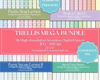 Trellis Digital Paper Mega Bundle, 96 Seamless Fretwork Pattern Junk Journal Papers, Commercial Filigree Backgrounds, Printable Scrapbook