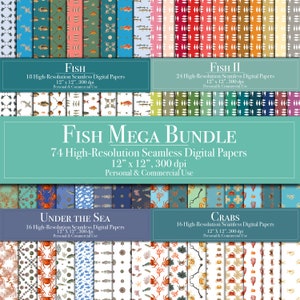 Fish Digital Paper MegaBundle Seamless Pattern Scrapbook Paper Commercial Use Instant Download Junk Journal Printable Crabs ocean marine DIY
