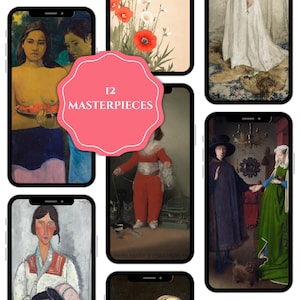 May include: A collage of 12 different paintings, each displayed on a smartphone screen. The paintings are a mix of styles and subjects, including portraits, still lifes, and landscapes. The collage is titled "12 Masterpieces".
