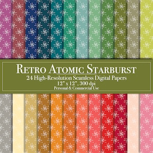 Papel digital Atomic Starburst, papel para álbum de recortes con estampado sin costuras, uso comercial, descarga instantánea, imprimible para diario basura vintage de los años 50
