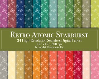 Atomic Starburst Digital Paper Set, Seamless Pattern Scrapbook Paper, Commercial Use, Instant Download, Junk Journal Printable Vintage 1950s